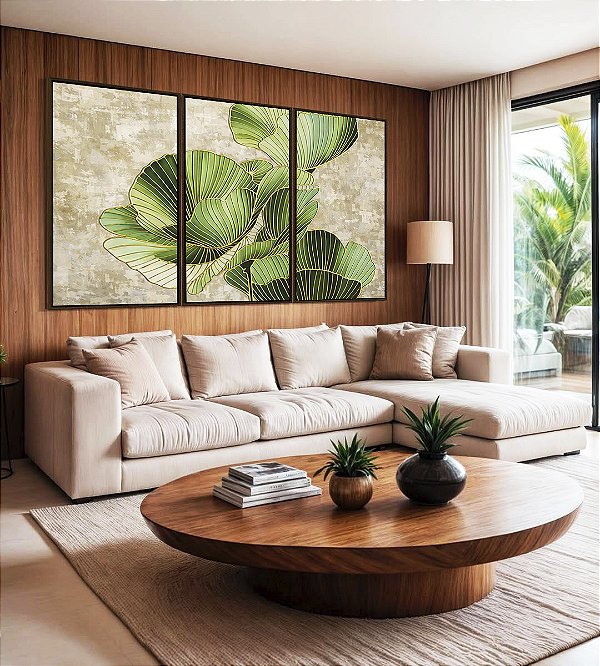 Trio de Quadros Folhas Verdes Dourado Textura Abstrata Natureza Canvas Moldura
