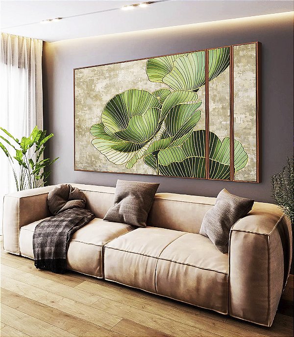 Trio de Quadros Estilizados Folhas Verdes Dourado Textura Abstrata Natureza Canvas Moldura
