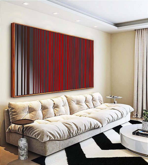 Quadro Horizontal Abstrato Listras Vermelho Carmim Cinza Prateado Canvas Moldura