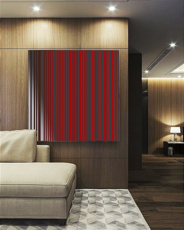 Quadro Quadrado Abstrato Listras Vermelho Carmim Cinza Prateado Canvas Moldura