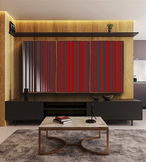 Trio de Quadros Abstrato Listras Vermelho Carmim Cinza Prateado Canvas Moldura