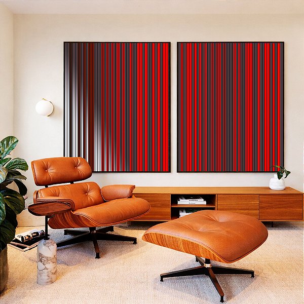 Duo de Quadros Abstrato Listras Vermelho Carmim Cinza Prateado Canvas Moldura