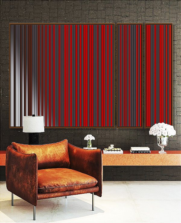 Trio de Quadros Estilizados Abstrato Listras Vermelho Carmim Cinza Prateado Canvas Moldura
