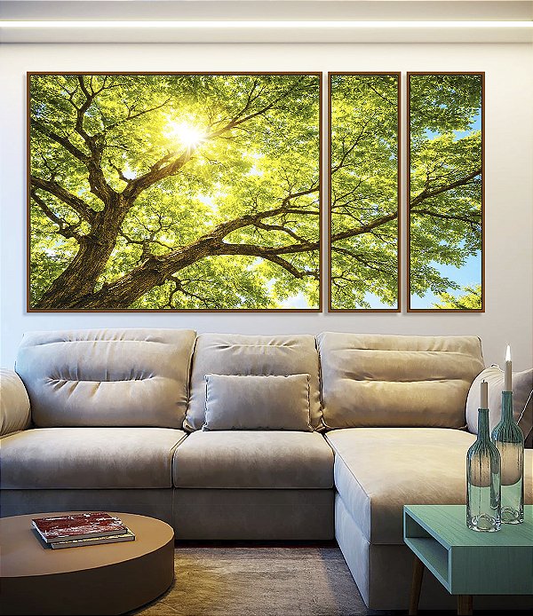 Trio de Quadros Estilizados Copa da Árvore Luz do Sol Céu Azul Natureza Canvas Moldura