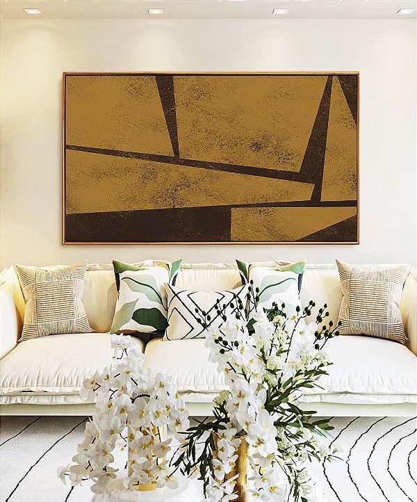 Quadro Horizontal Abstrato Geométrico Minimalista Textura Ocre Marrom Canvas Moldura