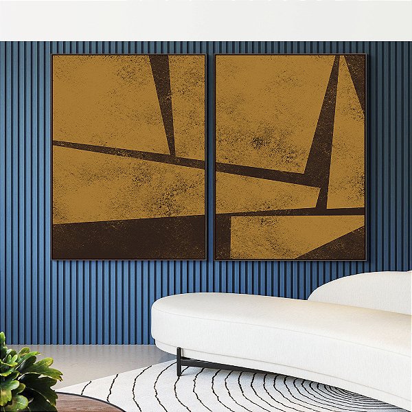 Duo de Quadros Abstrato Geométrico Minimalista Textura Ocre Marrom Canvas Moldura