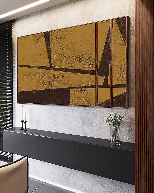Trio de Quadros Estilizados Abstrato Geométrico Minimalista Textura Ocre Marrom Canvas Moldura