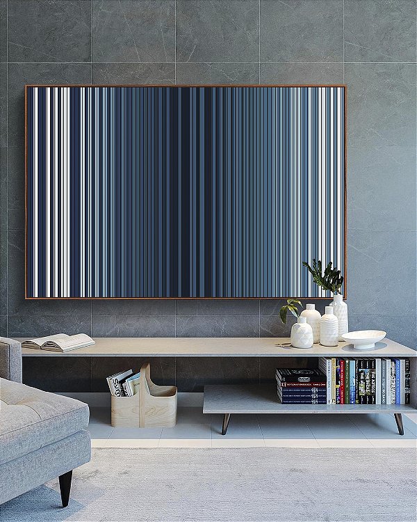 Quadro Horizontal Abstrato Listras Degradê Azul Marinho Branco Canvas Moldura