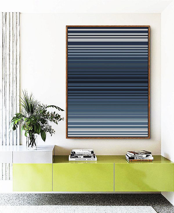 Quadro Vertical Abstrato Listras Degradê Azul Marinho Branco Canvas Moldura