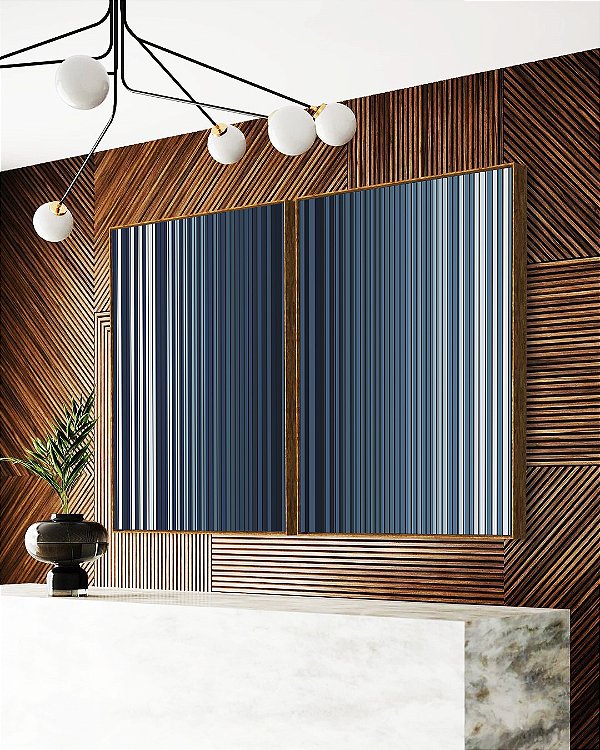 Duo de Quadros Abstrato Listras Degradê Azul Marinho Branco Canvas Moldura