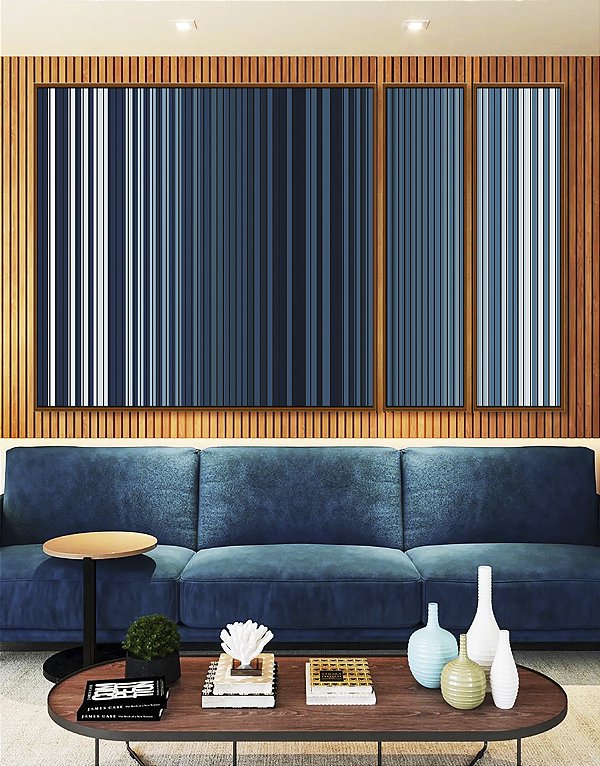 Trio de Quadros Estilizados Abstrato Listras Degradê Azul Marinho Branco Canvas Moldura