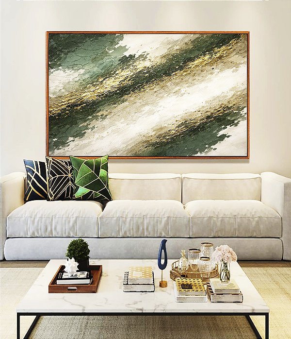 Quadro Horizontal Abstrato Tons de Verde Esmeralda e Dourado Canvas Moldura