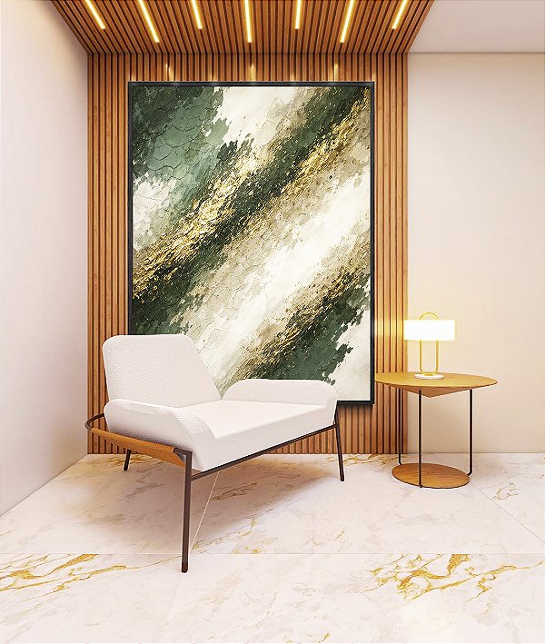 Quadro Vertical Abstrato Tons de Verde Esmeralda e Dourado Canvas Moldura