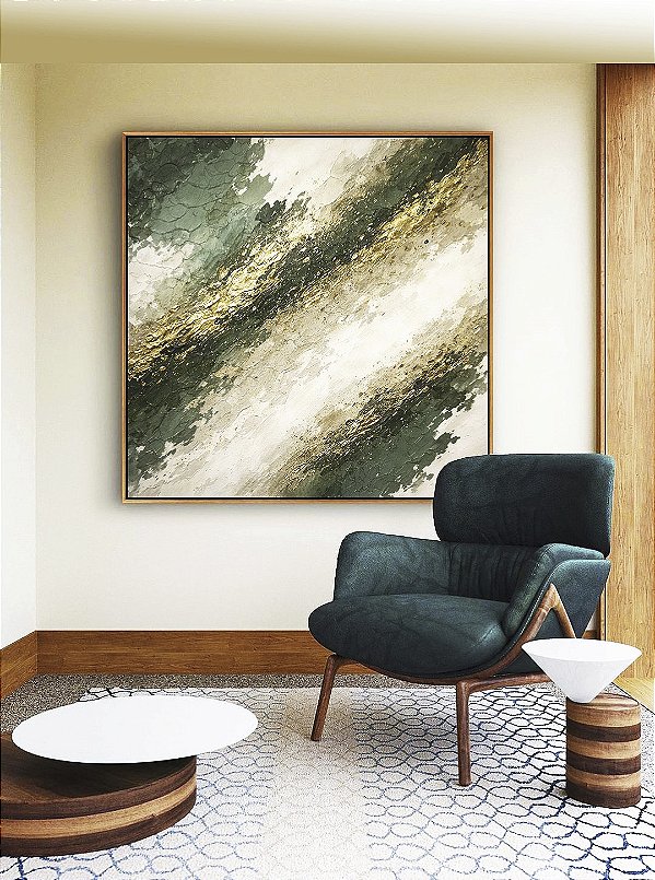 Quadro Quadrado Abstrato Tons de Verde Esmeralda e Dourado Canvas Moldura