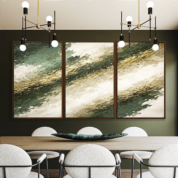 Trio de Quadros Abstrato Tons de Verde Esmeralda e Dourado Canvas Moldura