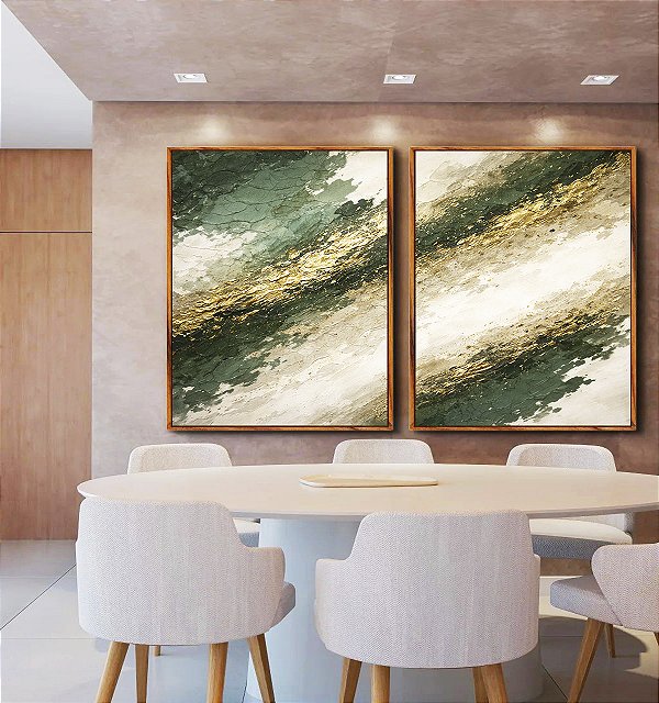 Duo de Quadros Abstrato Tons de Verde Esmeralda e Dourado Canvas Moldura
