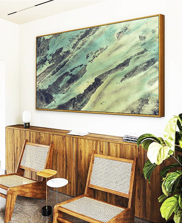 Quadro Horizontal Abstrato Verde Azul Turquesa Cinza Textura Natural Canvas Moldura