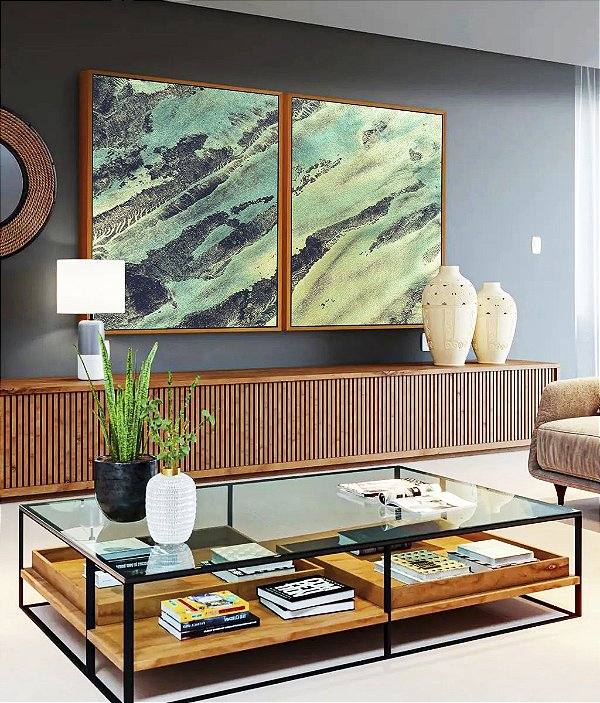 Duo de Quadros Abstrato Verde Azul Turquesa Cinza Textura Natural Canvas Moldura