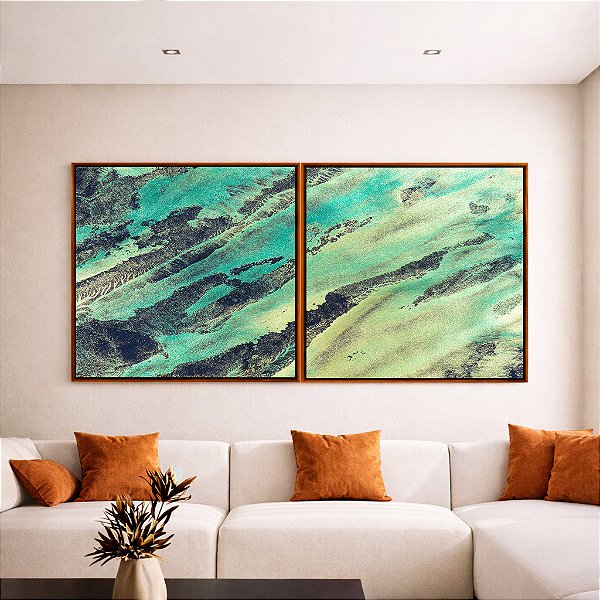 Duo de Quadros Quadrados Abstrato Verde Azul Turquesa Cinza Textura Natural Canvas Moldura