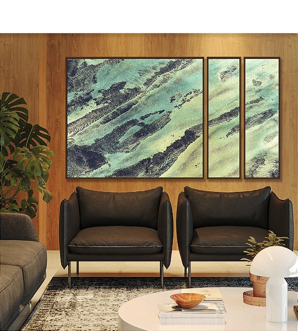 Trio de Quadros Estilizados Abstrato Verde Azul Turquesa Cinza Textura Natural Canvas Moldura