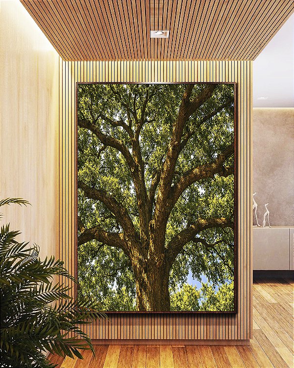 Quadro Vertical Árvore Iluminada Folhagem Verde Luz Natural Canvas Moldura