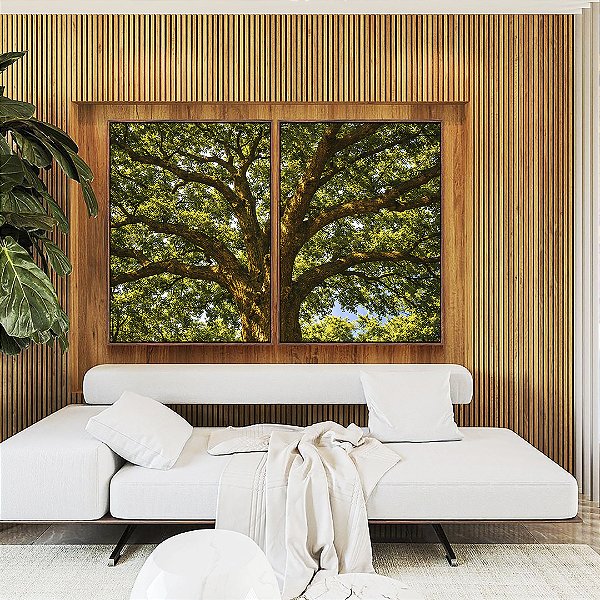 Duo de Quadros Árvore Iluminada Folhagem Verde Luz Natural Canvas Moldura