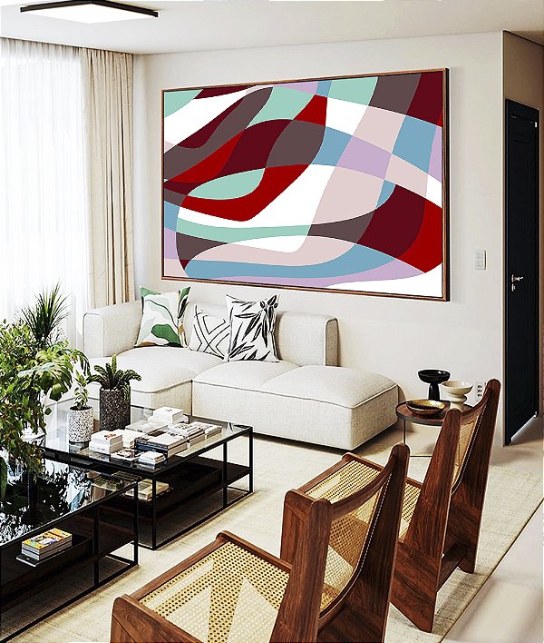 Quadro Horizontal Abstrato Mosaico Contornos Vermelho Turquesa Branco Canvas Moldura