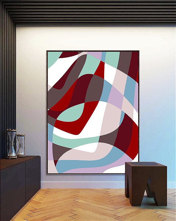 Quadro Vertical Abstrato Mosaico Contornos Vermelho Turquesa Branco Canvas Moldura