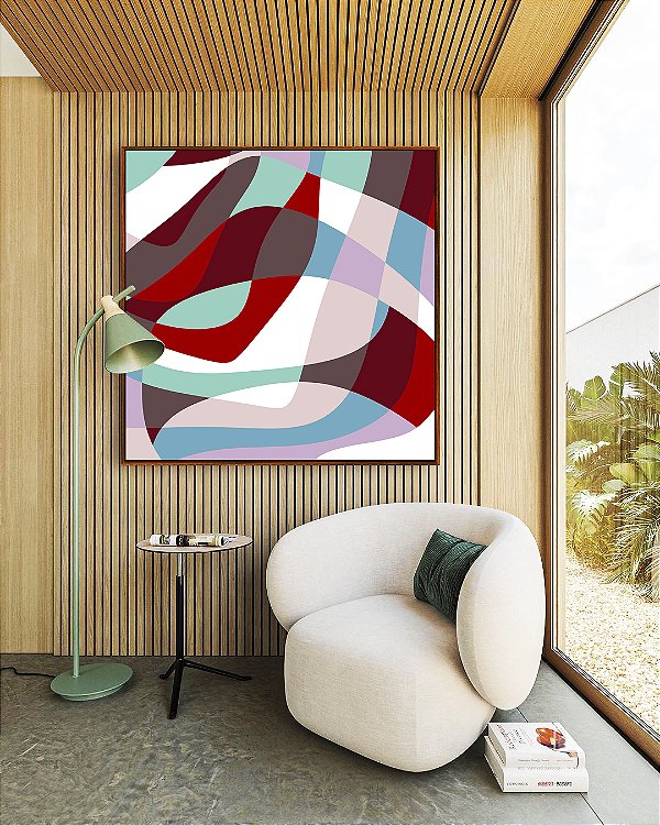 Quadro Quadrado Abstrato Mosaico Contornos Vermelho Turquesa Branco Canvas Moldura