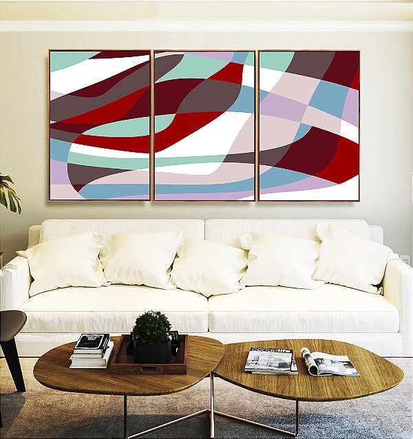 Trio de Quadros Abstrato Mosaico Contornos Vermelho Turquesa Branco Canvas Moldura