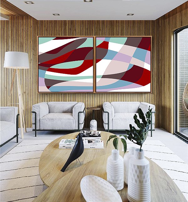 Duo de Quadros Quadrados Abstrato Mosaico Contornos Vermelho Turquesa Branco Canvas Moldura