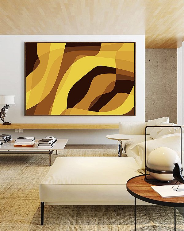 Quadro Horizontal Abstrato Mosaico Contornos Marrom Amarelo Ouro Canvas Moldura