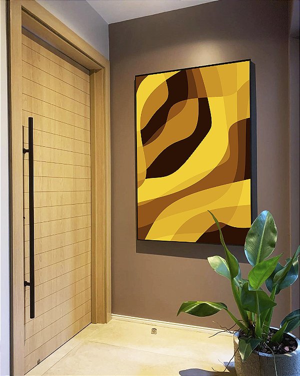 Quadro Vertical Abstrato Mosaico Contornos Marrom Amarelo Ouro Canvas Moldura