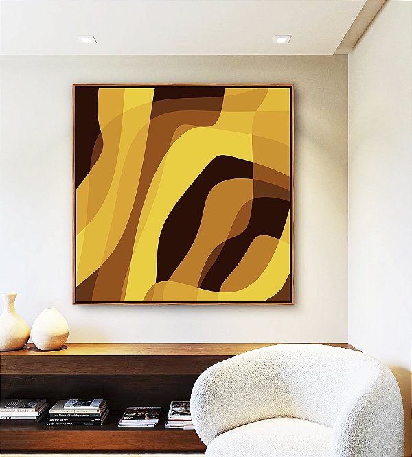 Quadro Quadrado Abstrato Mosaico Contornos Marrom Amarelo Ouro Canvas Moldura