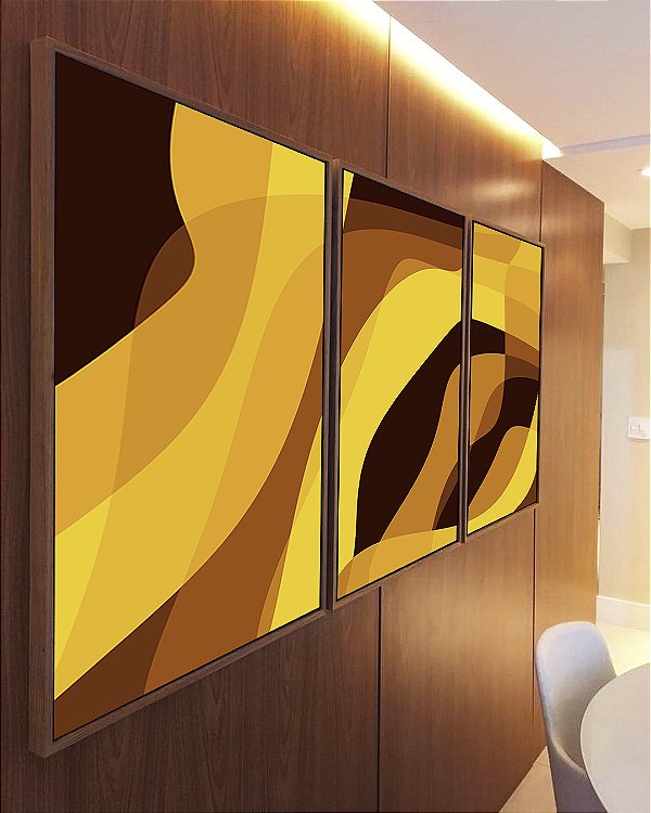 Trio de Quadros Abstrato Mosaico Contornos Marrom Amarelo Ouro Canvas Moldura