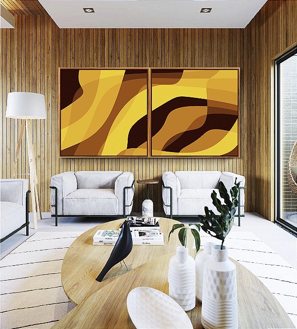 Duo de Quadros Quadrados Abstrato Mosaico Contornos Marrom Amarelo Ouro Canvas Moldura