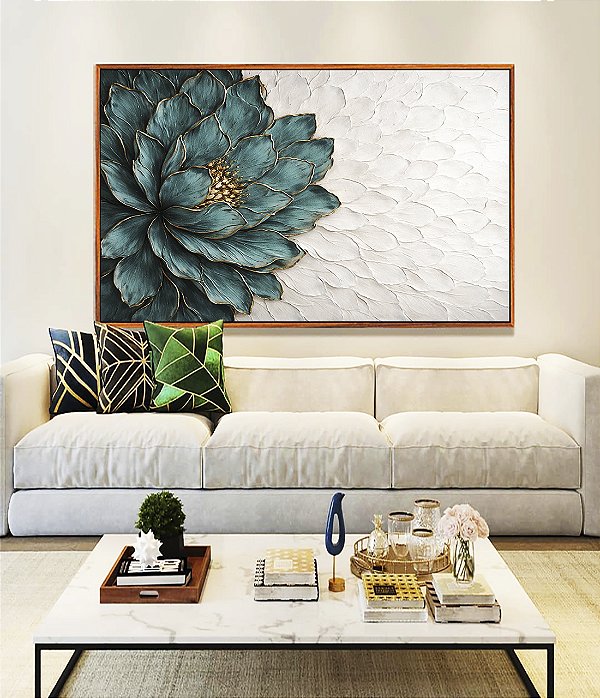 Quadro Horizontal Flor Azul Petróleo Dourada Textura Branca Floral Canvas Moldura