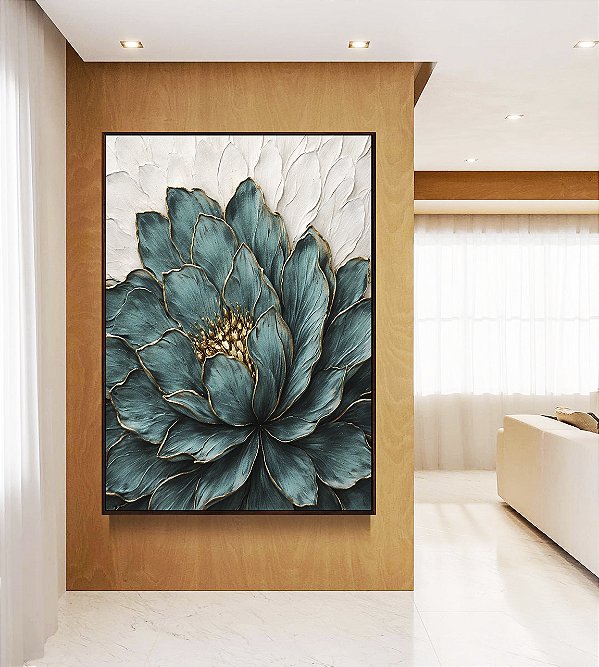 Quadro Vertical Flor Azul Petróleo Dourada Textura Branca Floral Canvas Moldura