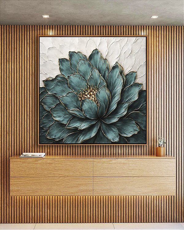 Quadro Quadrado Flor Azul Petróleo Dourada Textura Branca Floral Canvas Moldura