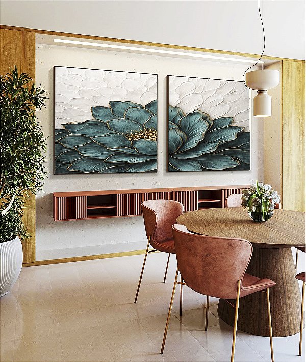 Duo de Quadros Quadrados Flor Azul Petróleo Dourada Textura Branca Floral Canvas Moldura