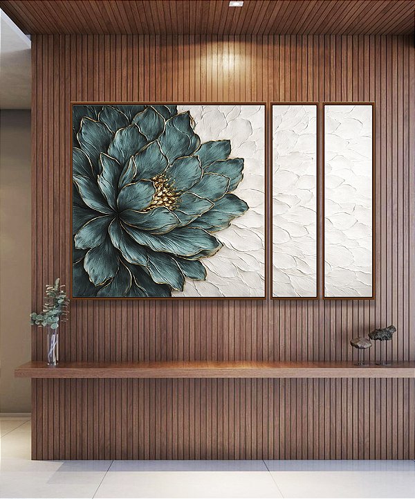 Trio de Quadros Estilizados Flor Azul Petróleo Dourada Textura Branca Floral Canvas Moldura