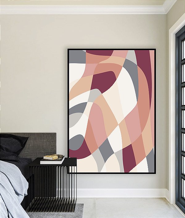 Quadro Vertical Abstrato Mosaico Contornos Rosa Salmão Cinza Branco Canvas Moldura