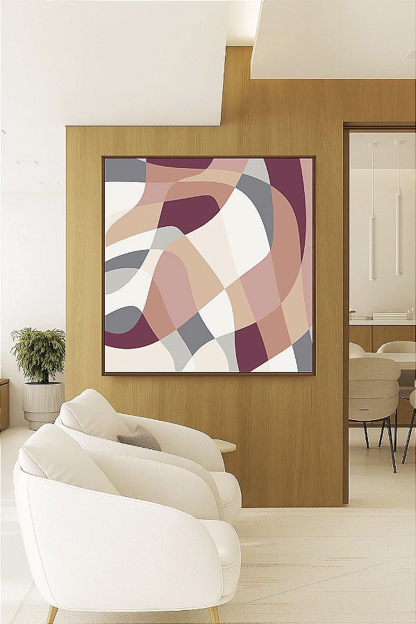 Quadro Quadrado Abstrato Mosaico Contornos Rosa Salmão Cinza Branco Canvas Moldura