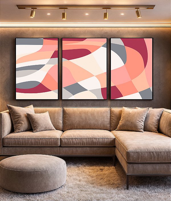 Trio de Quadros Abstrato Mosaico Contornos Rosa Salmão Cinza Branco Canvas Moldura