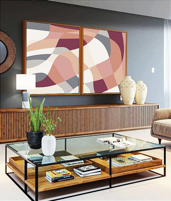 Duo de Quadros Abstrato Mosaico Contornos Rosa Salmão Cinza Branco Canvas Moldura