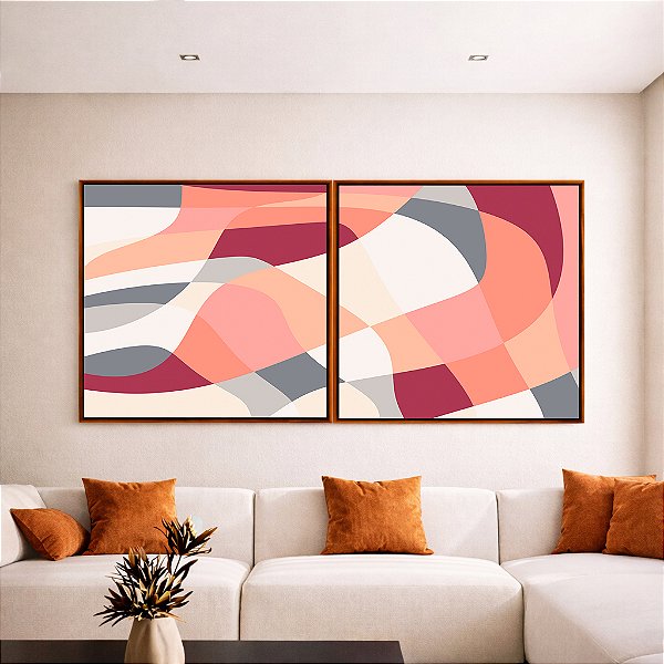 Duo de Quadros Quadrados Abstrato Mosaico Contornos Rosa Salmão Cinza Branco Canvas Moldura