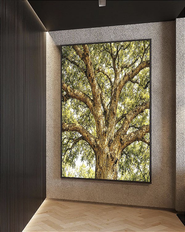 Quadro Vertical Árvore Majestosa Folhagem Verde Luz Dourada Natureza Canvas Moldura