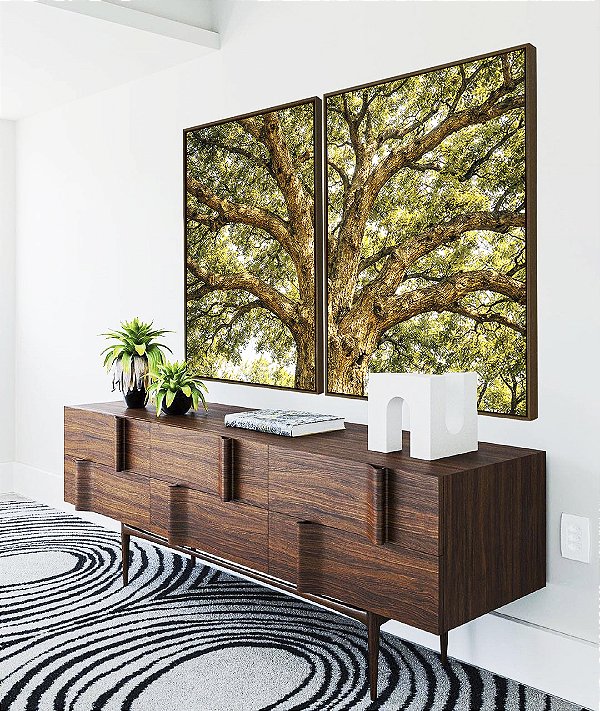Duo de Quadros Árvore Majestosa Folhagem Verde Luz Dourada Natureza Canvas Moldura