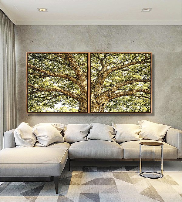 Duo de Quadros Quadrados Árvore Majestosa Folhagem Verde Luz Dourada Natureza Canvas Moldura