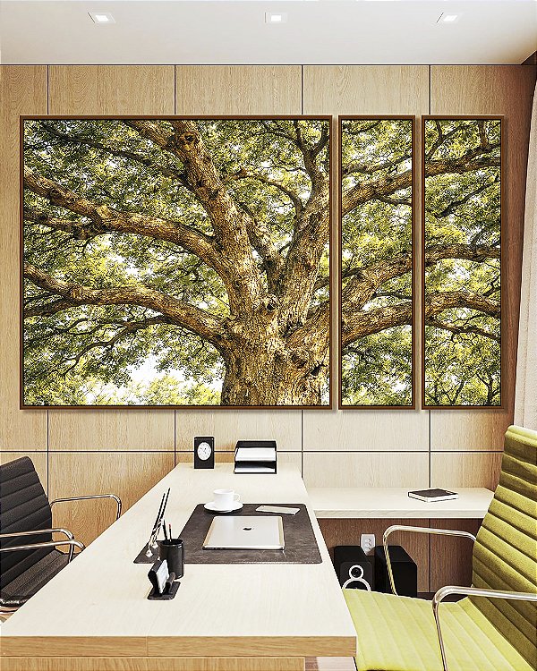 Trio de Quadros Estilizados Árvore Majestosa Folhagem Verde Luz Dourada Natureza Canvas Moldura